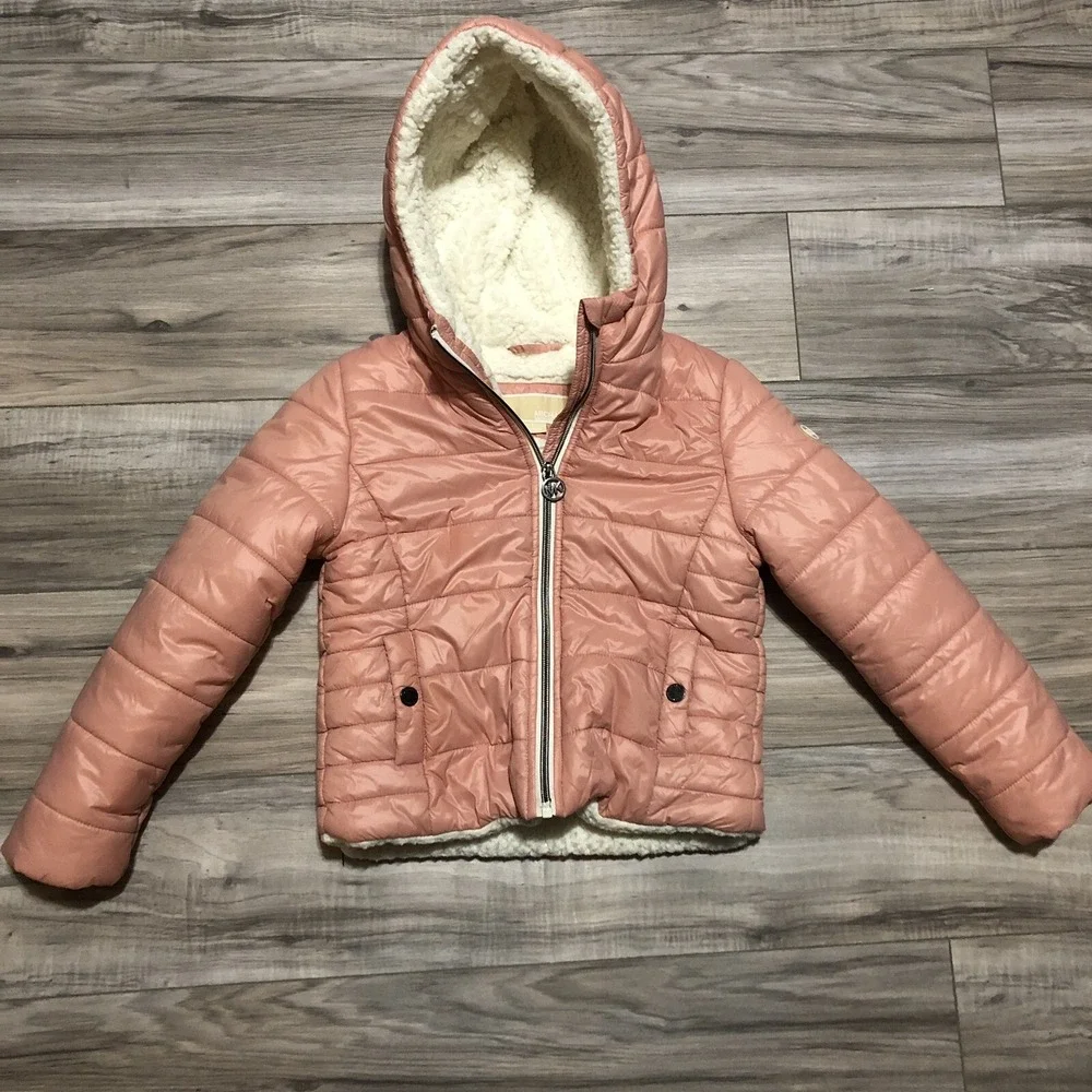 MICHAEL KORS Girls Puffer Zip Jacket Hooded Faux Fur Lined Blush Pink Sz‎ 6X EUC